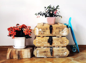zdjęcie trzy drewniane skrzynie, deskorolka i dwa kwiaty w doniczkach